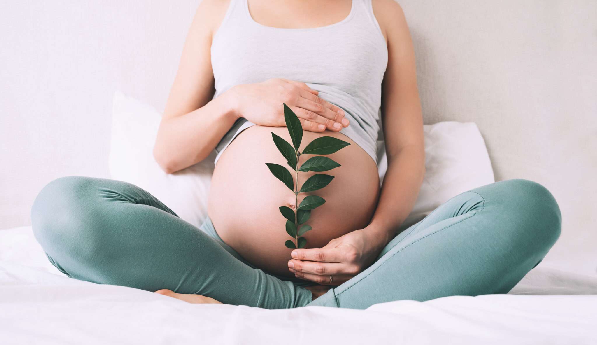 フランスでお腹に葉っぱを抱えている妊婦。