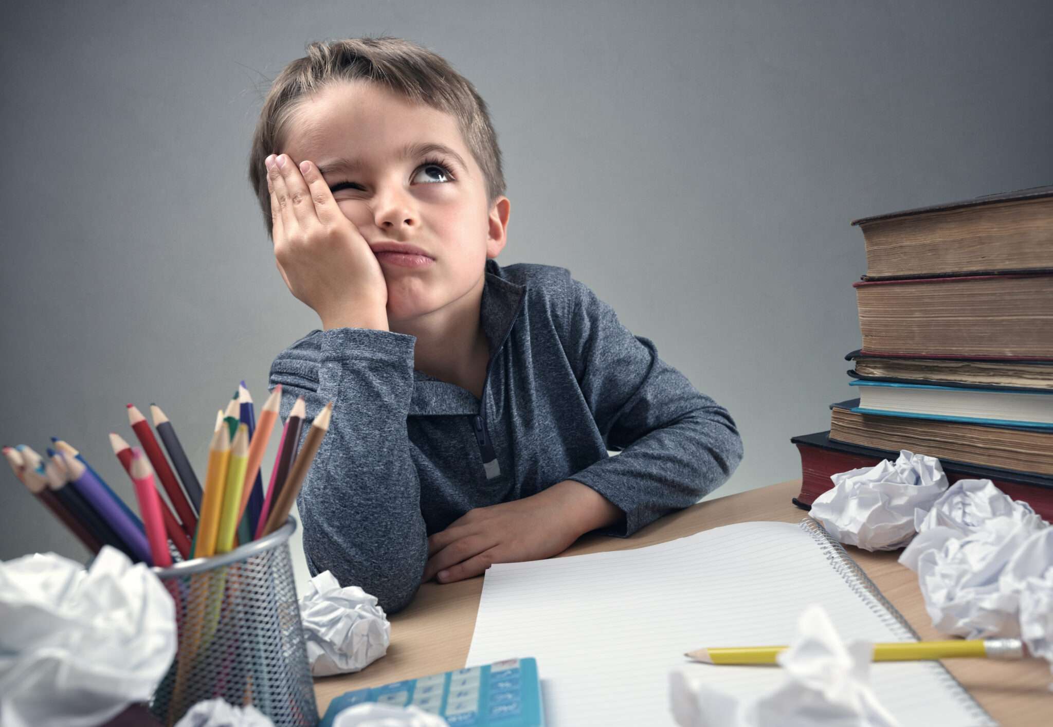 若い男の子がフランスに関する書類や本を持って机に座っています。