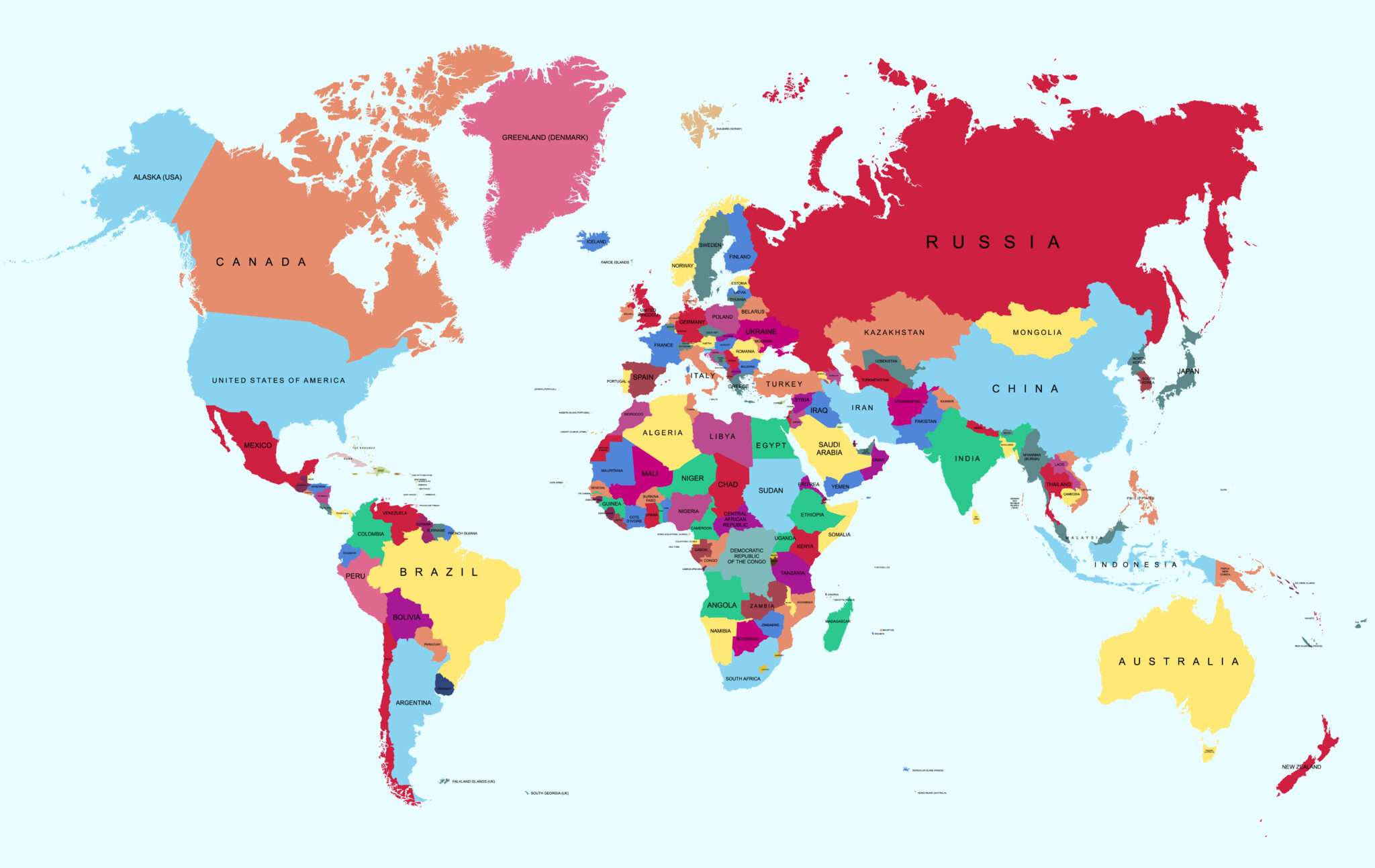 フランスを含むさまざまな国が描かれたカラフルな世界地図。