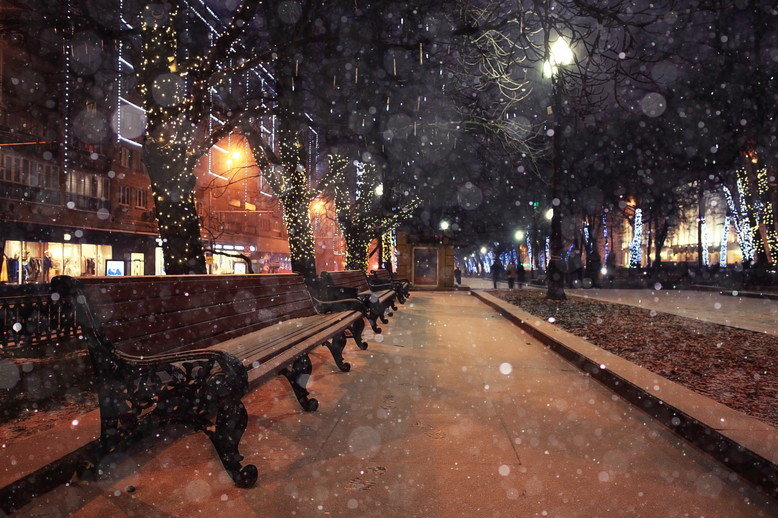 フランスで雪が降る夜の公園のベンチ。