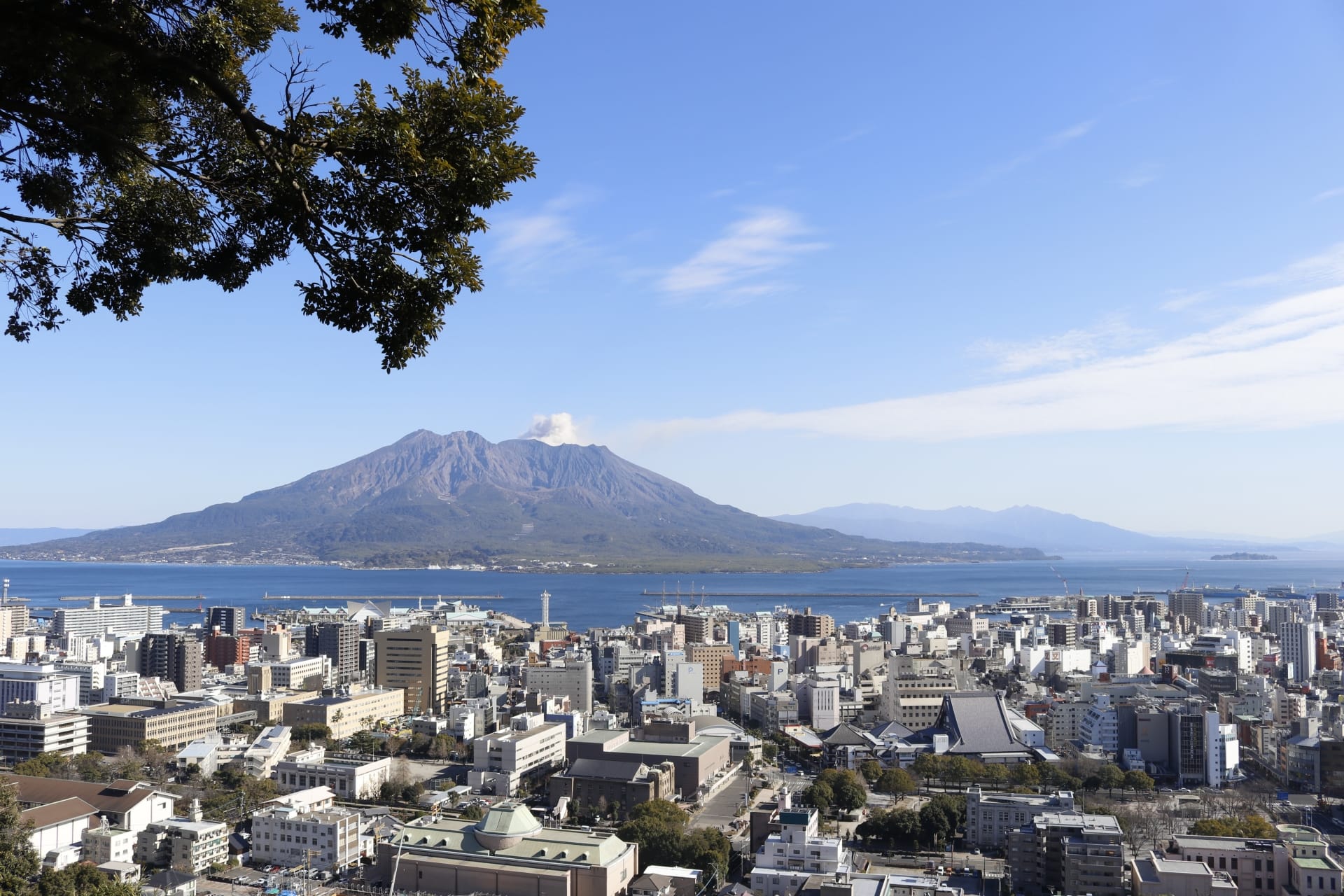 青空の下、大きな火山を背景にした活気に満ちた街並みは、フランス語教室マンツーマン鹿児島中央周辺の魅力を彷彿とさせます。左側の緑豊かな木々が自然の芸術性を高めています。.