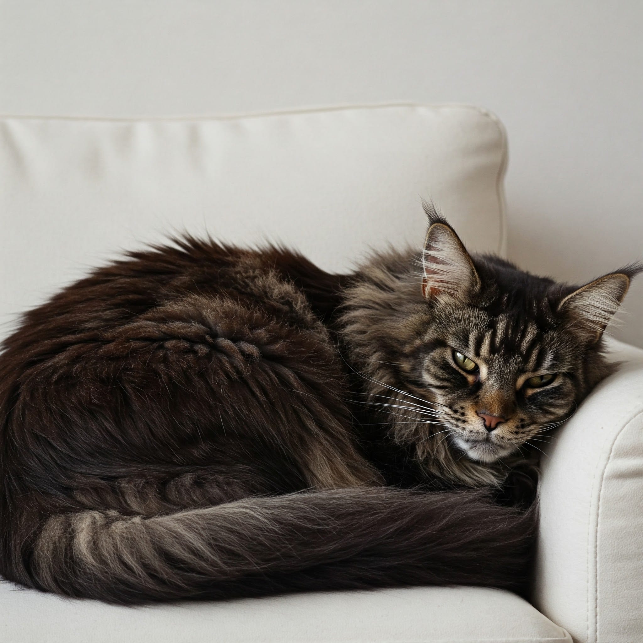 ソファで少し気難しそうな顔をして丸まっている猫