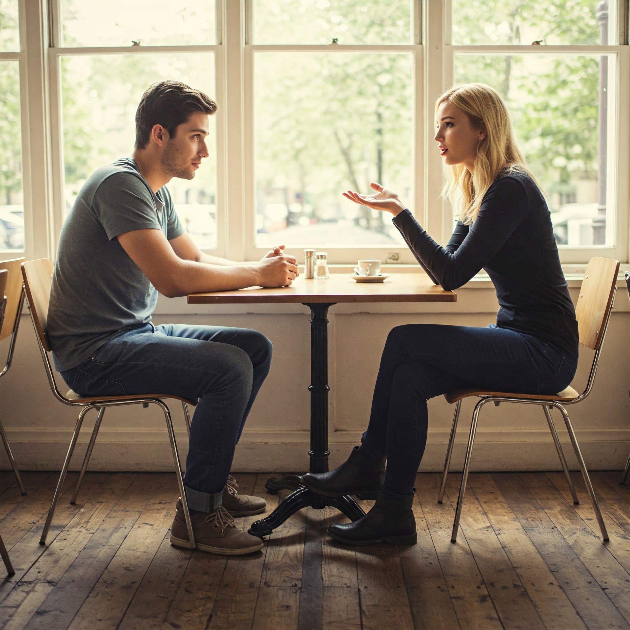 カフェのテーブルで、真剣な表情で向かい合って話すカップル