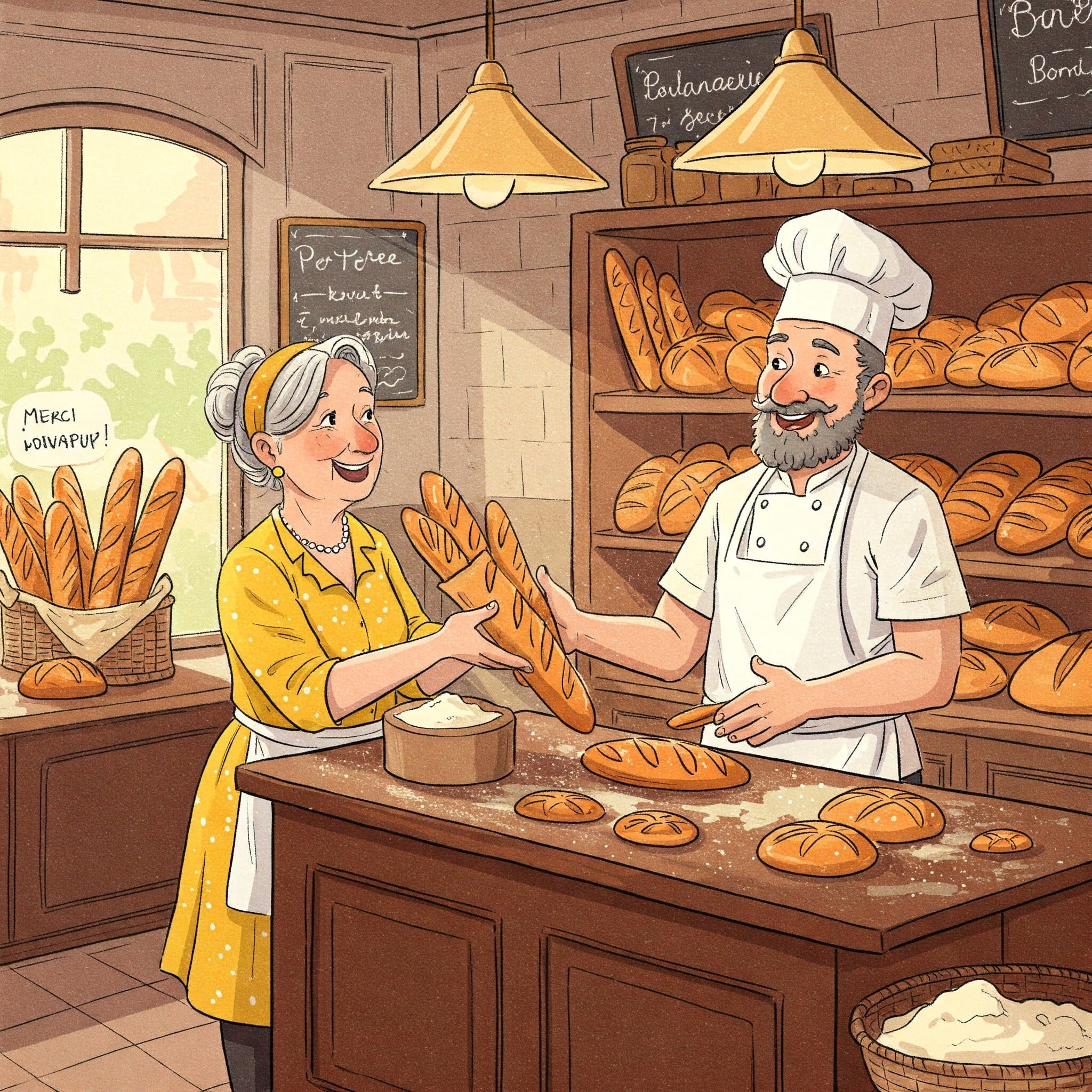 パン屋でMerci beaucoupと感謝を伝える客のイラスト