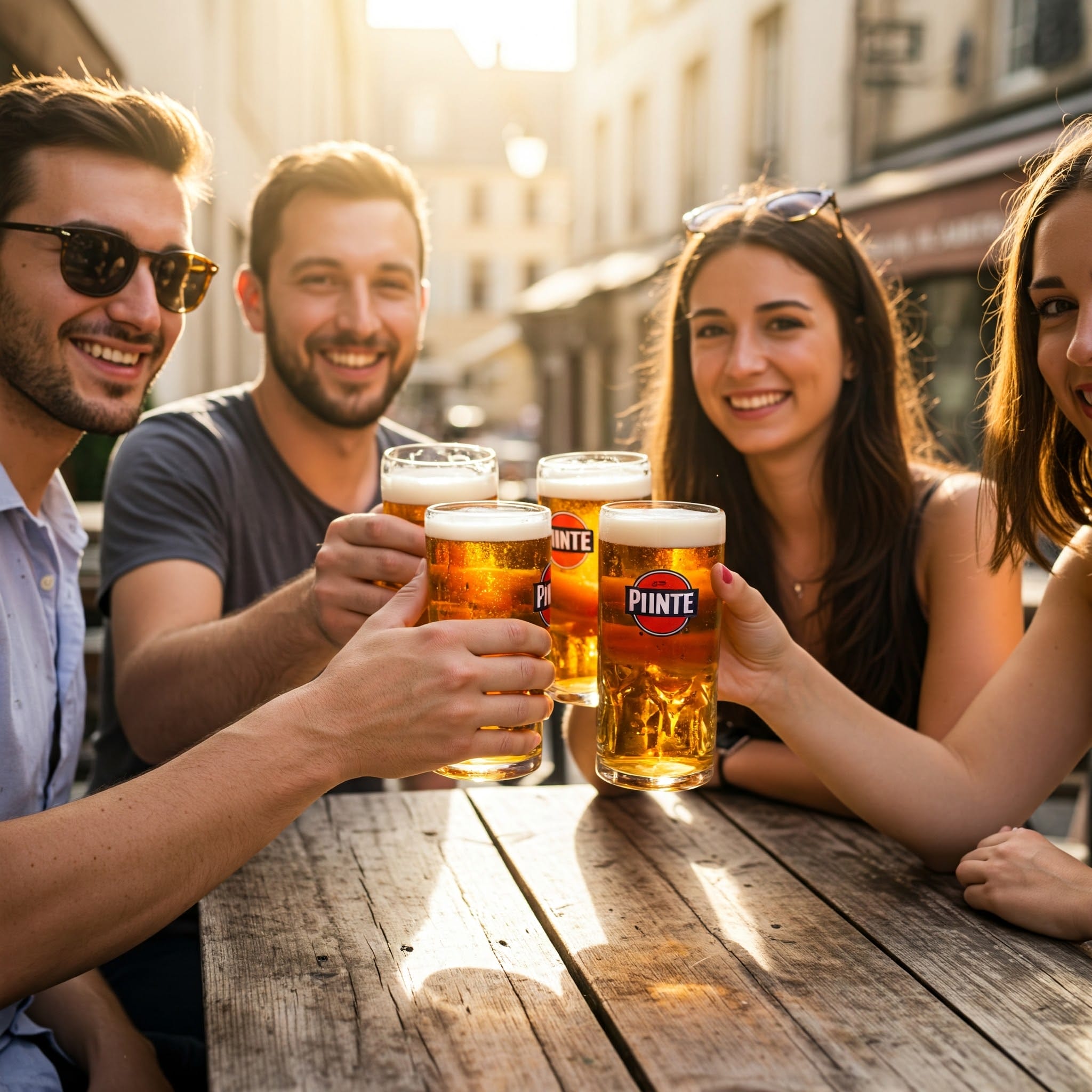 フランスの屋外カフェテラスでビールジョッキで乾杯する友人たち
