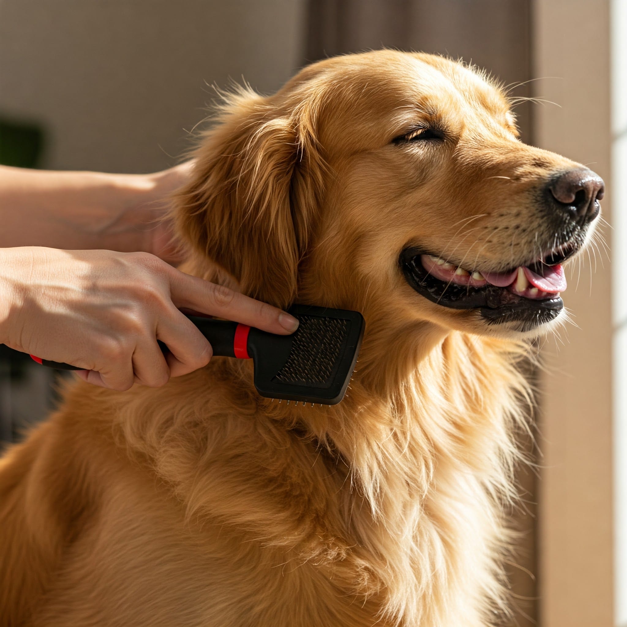 飼い主が犬の毛をブラッシングしている様子