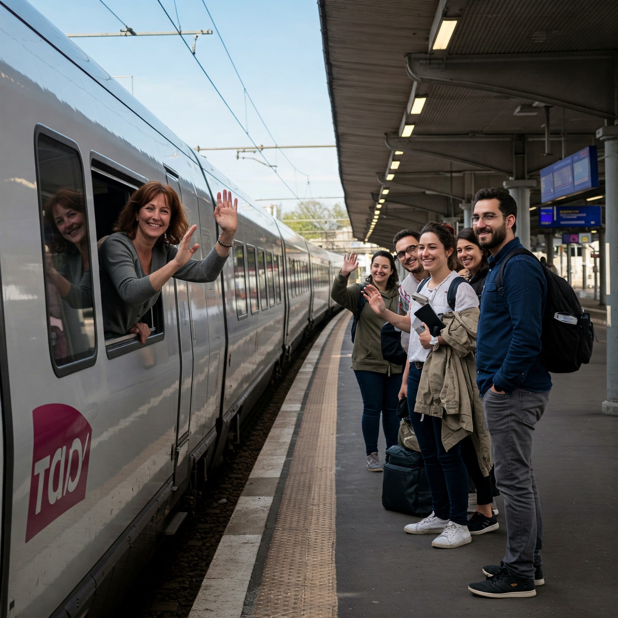 駅のプラットフォームで、電車に乗る友人に手を振って別れる人々