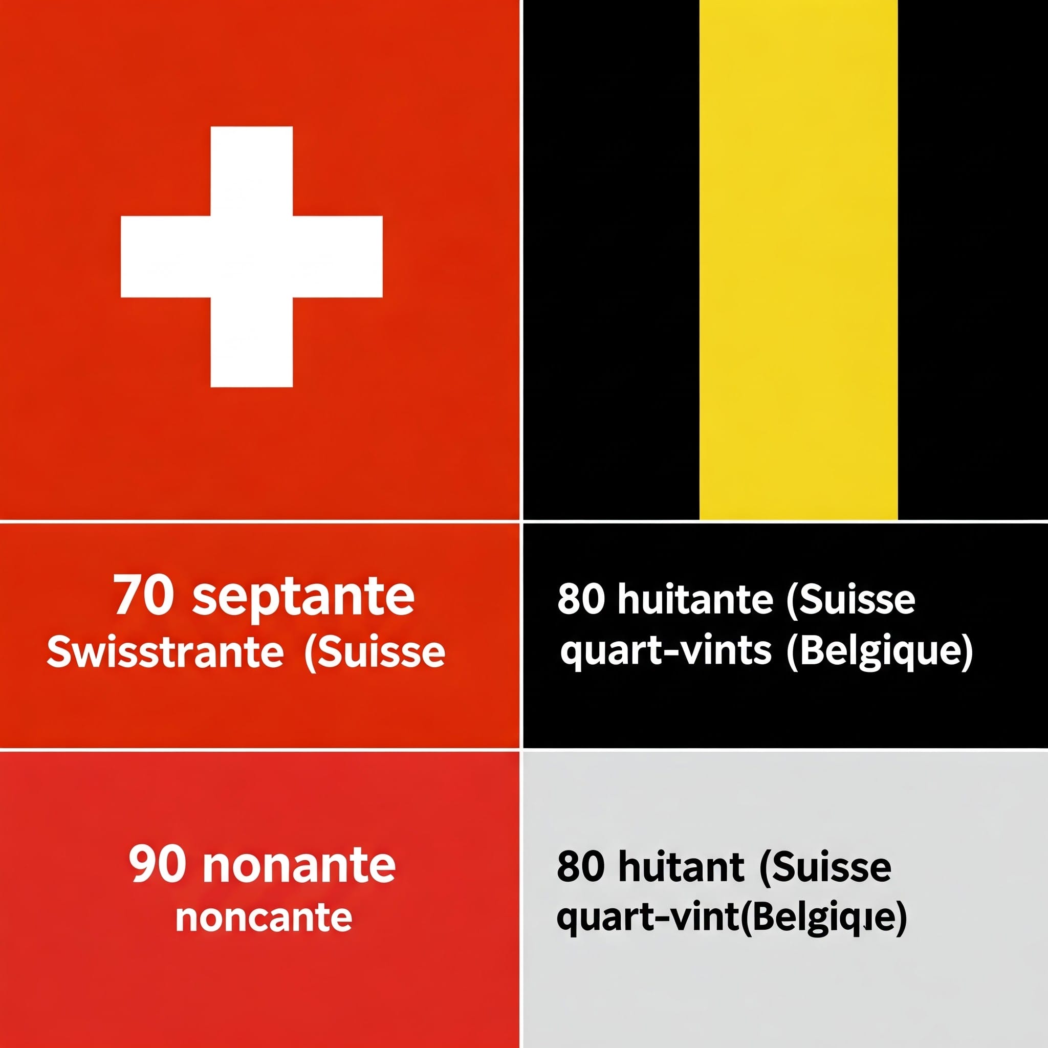スイス・ベルギー国旗とseptante, huitante, nonanteの文字