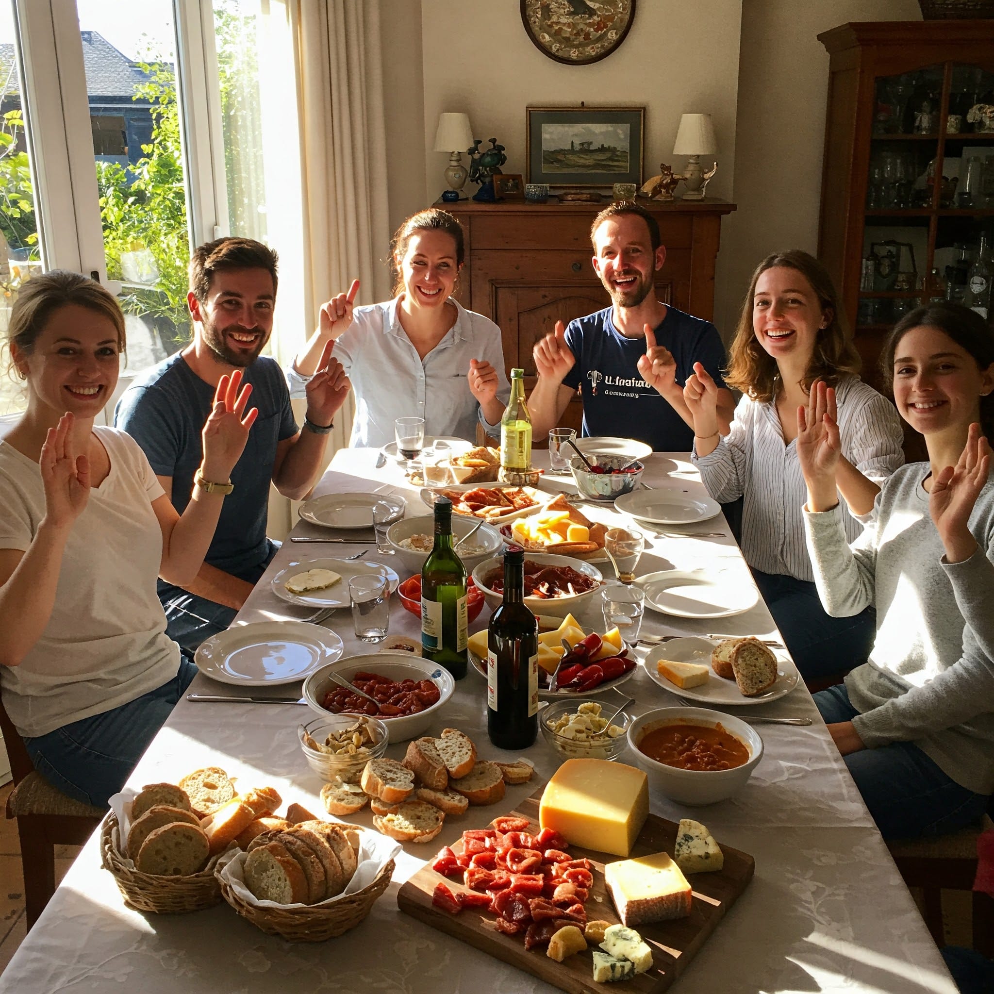 屋外テーブルで食事を始める前に「Bon appétit!」と言い合う人々