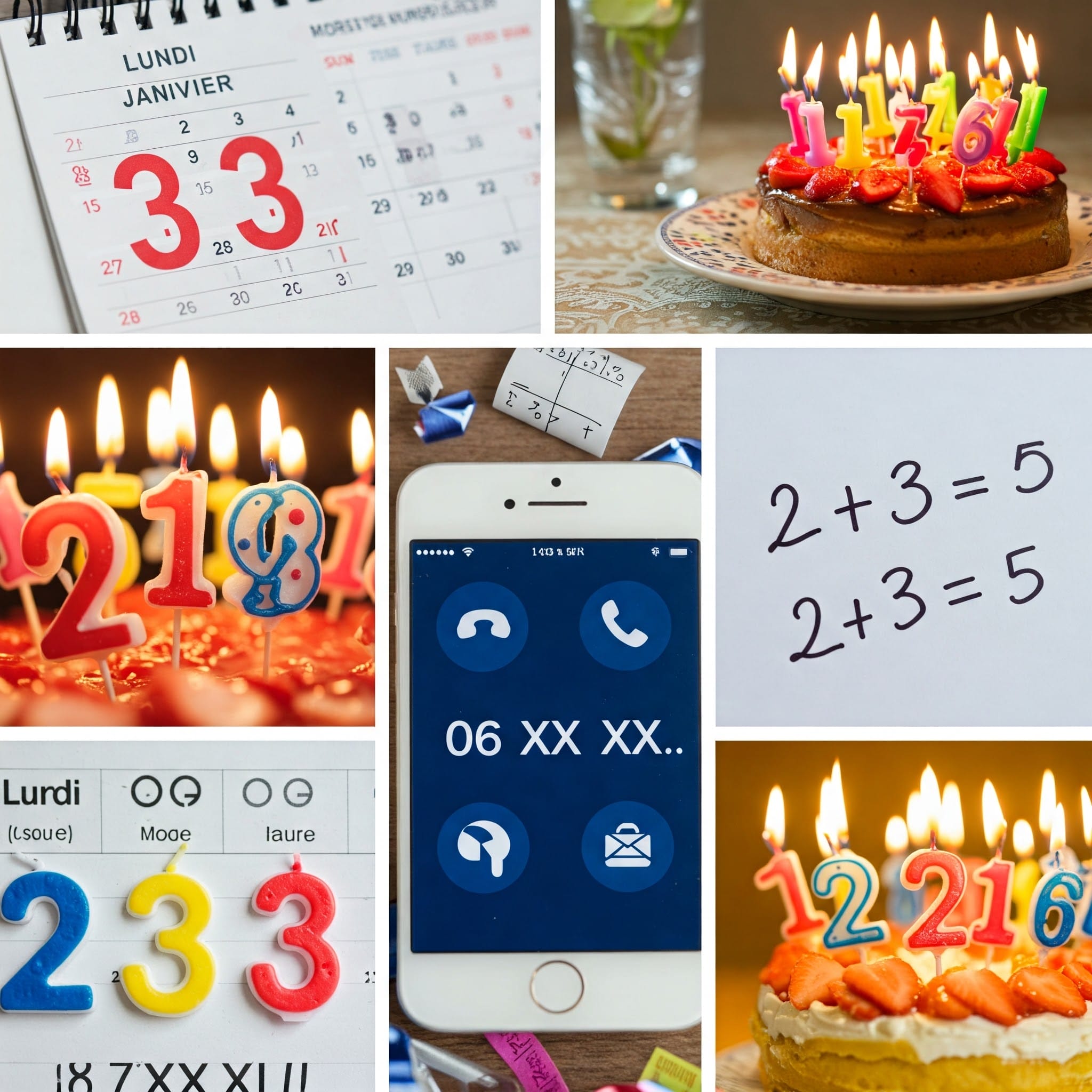 カレンダー、数字の付いたろうそくが立てられたバースデーケーキ、スマートフォンの文字盤画面、手書きの数式などを使ったコラージュで、すべて 2、3、5、6、12 の数字が強調されています。.