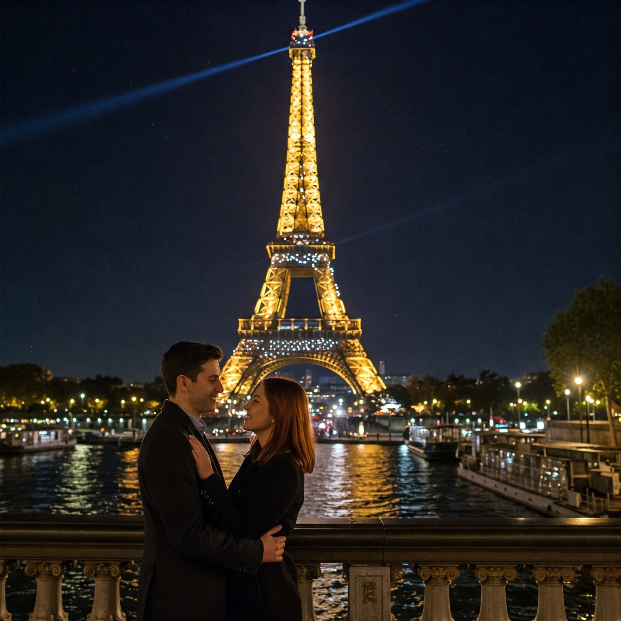 夜のパリ、エッフェル塔を背景に寄り添うカップル