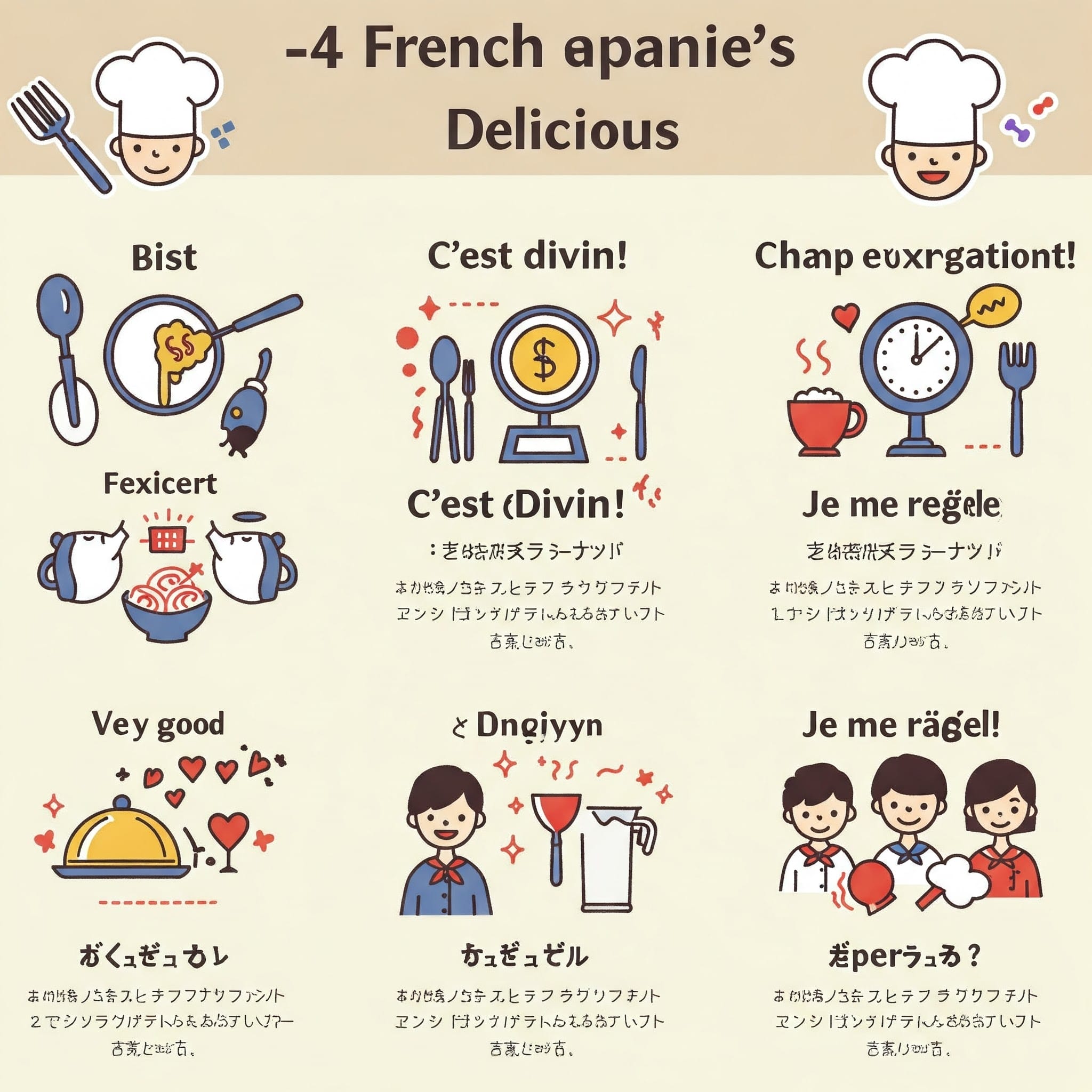 様々なフランス語の「おいしい」表現を吹き出しで示したインフォグラフィック