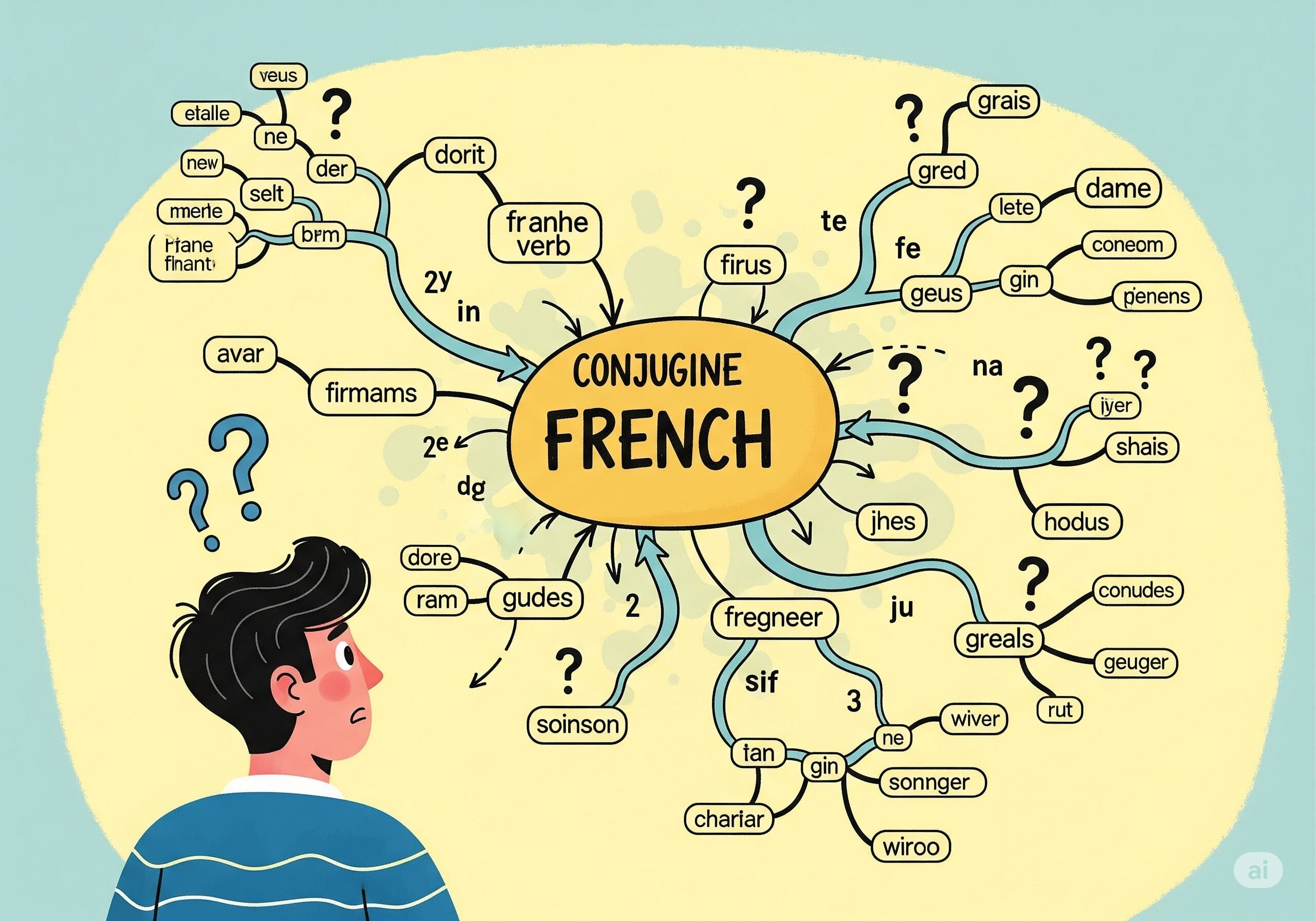 フランス語の文法構造の複雑さに戸惑う学習者のイメージイラスト