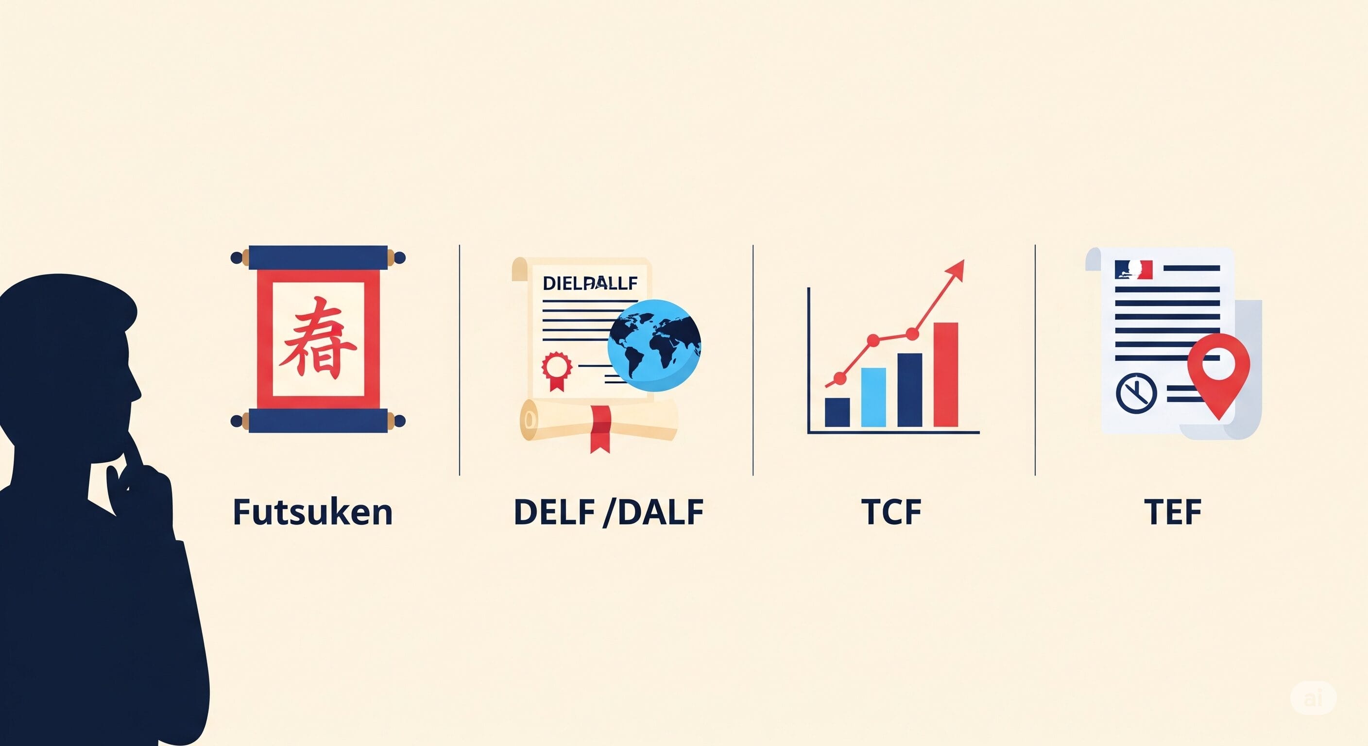 仏検、DELF/DALF、TCF、TEFのロゴと特徴を示すアイコンの比較
