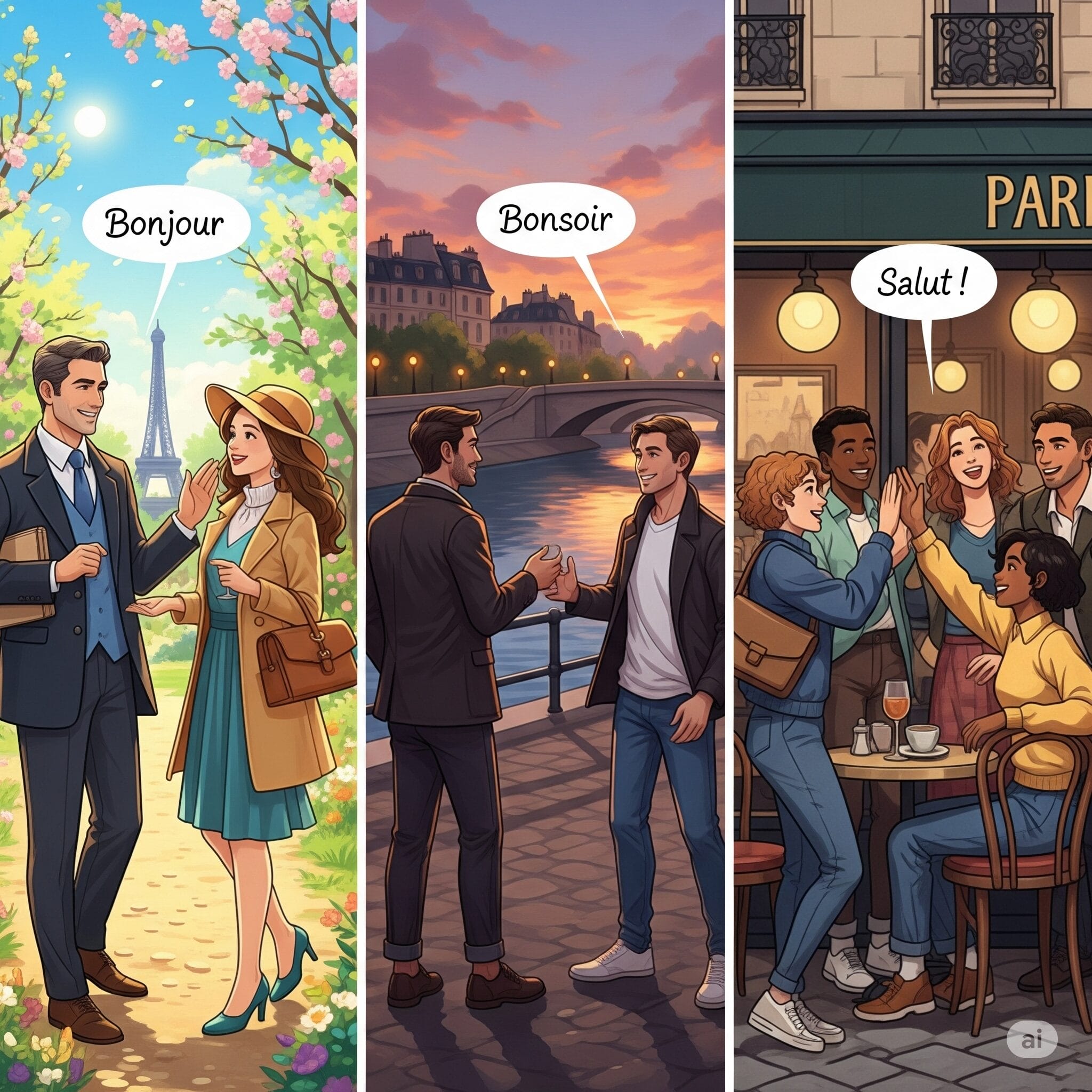 Bonjour, Bonsoir, Salutが使われる状況を表現したイラスト