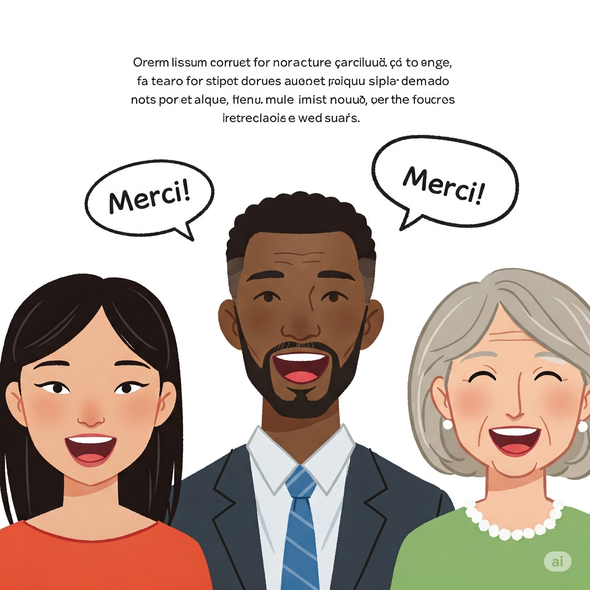 様々な国の人が笑顔でMerciと言っているイラスト。正しい口の形を意識している様子。