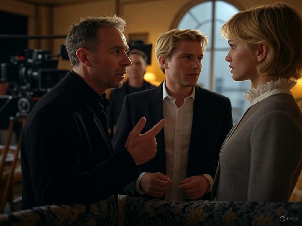 フランス映画の撮影セットで監督と俳優が打ち合わせしているイラスト