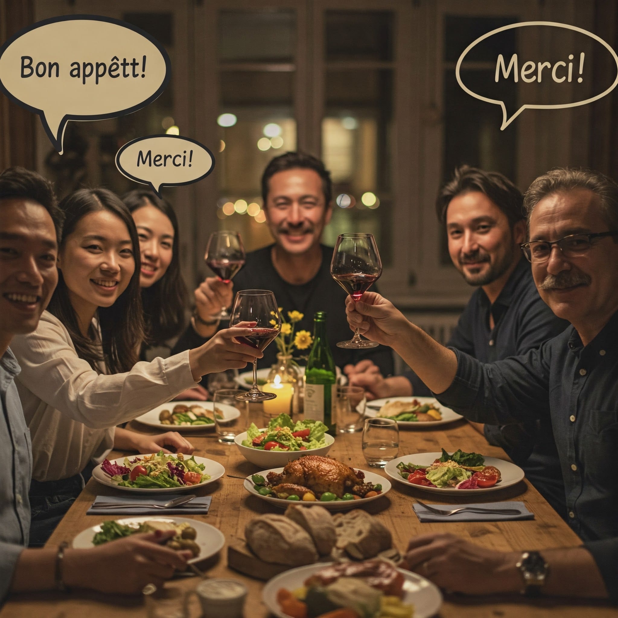 テーブルで楽しそうに食事をする友人たち。「Bon appétit!」と「Merci!」の吹き出し付き。