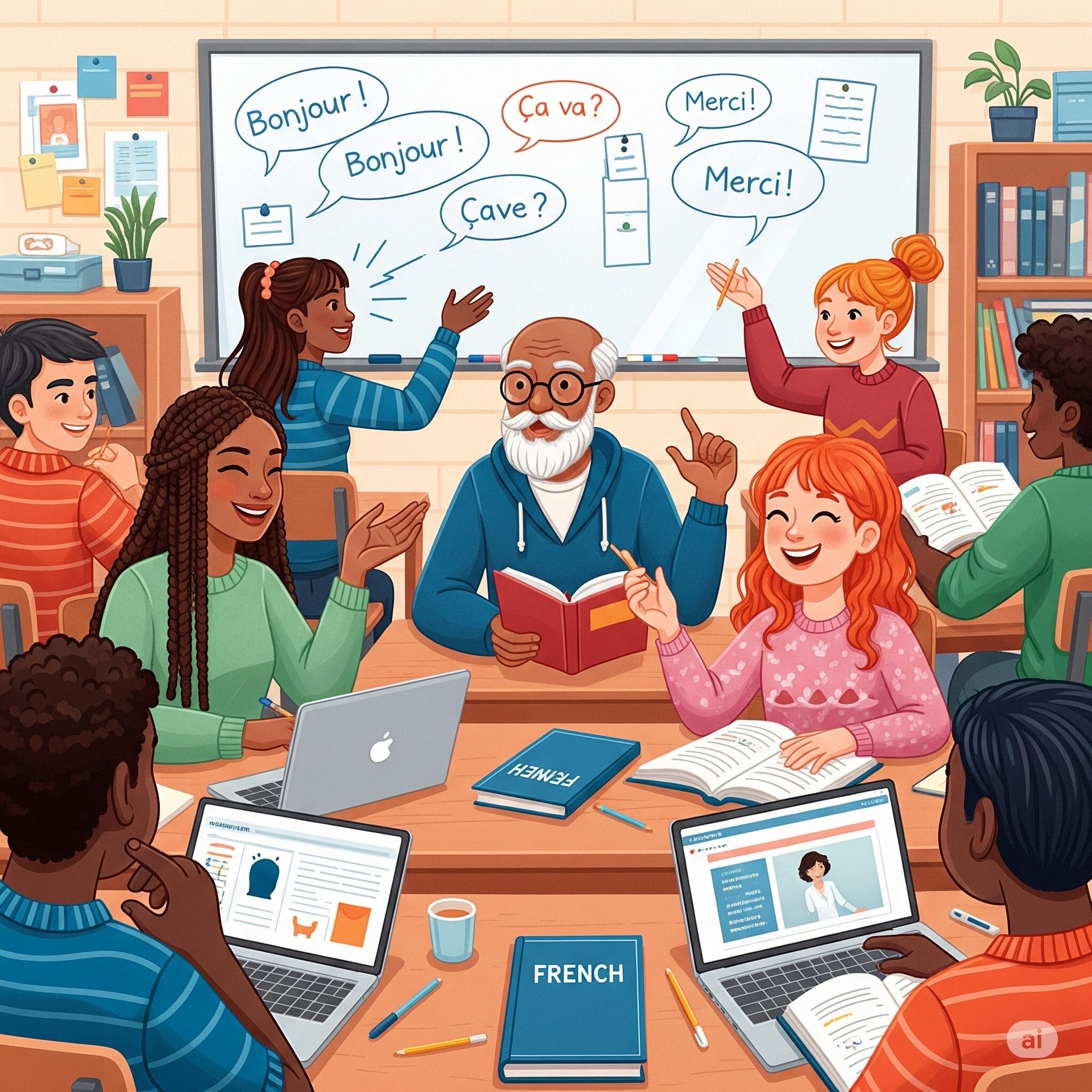 様々な人が楽しそうにフランス語を学んでいるイラスト