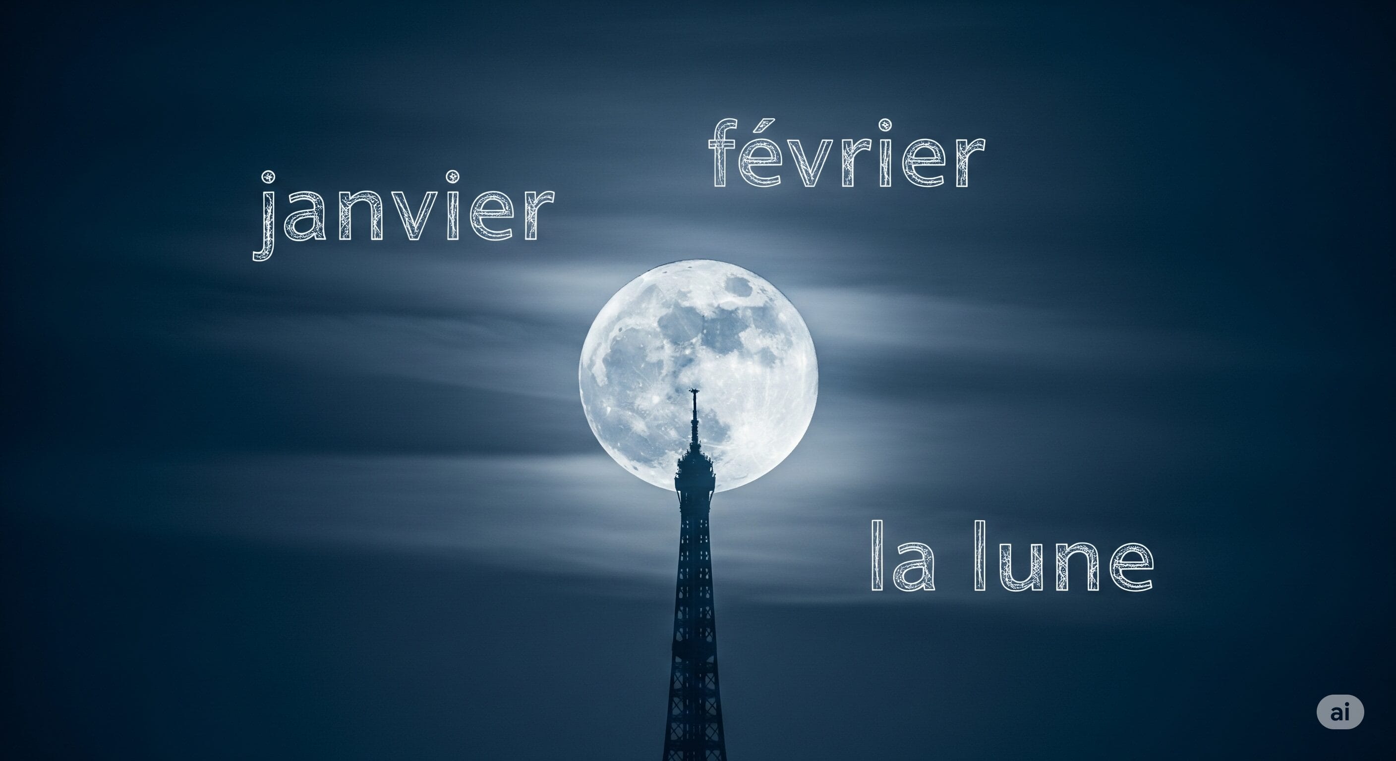 夜のエッフェル塔の背後の満月。白い文字でフランス語の「janvier」、「février」、「la lune」が重ねて表示されています。.