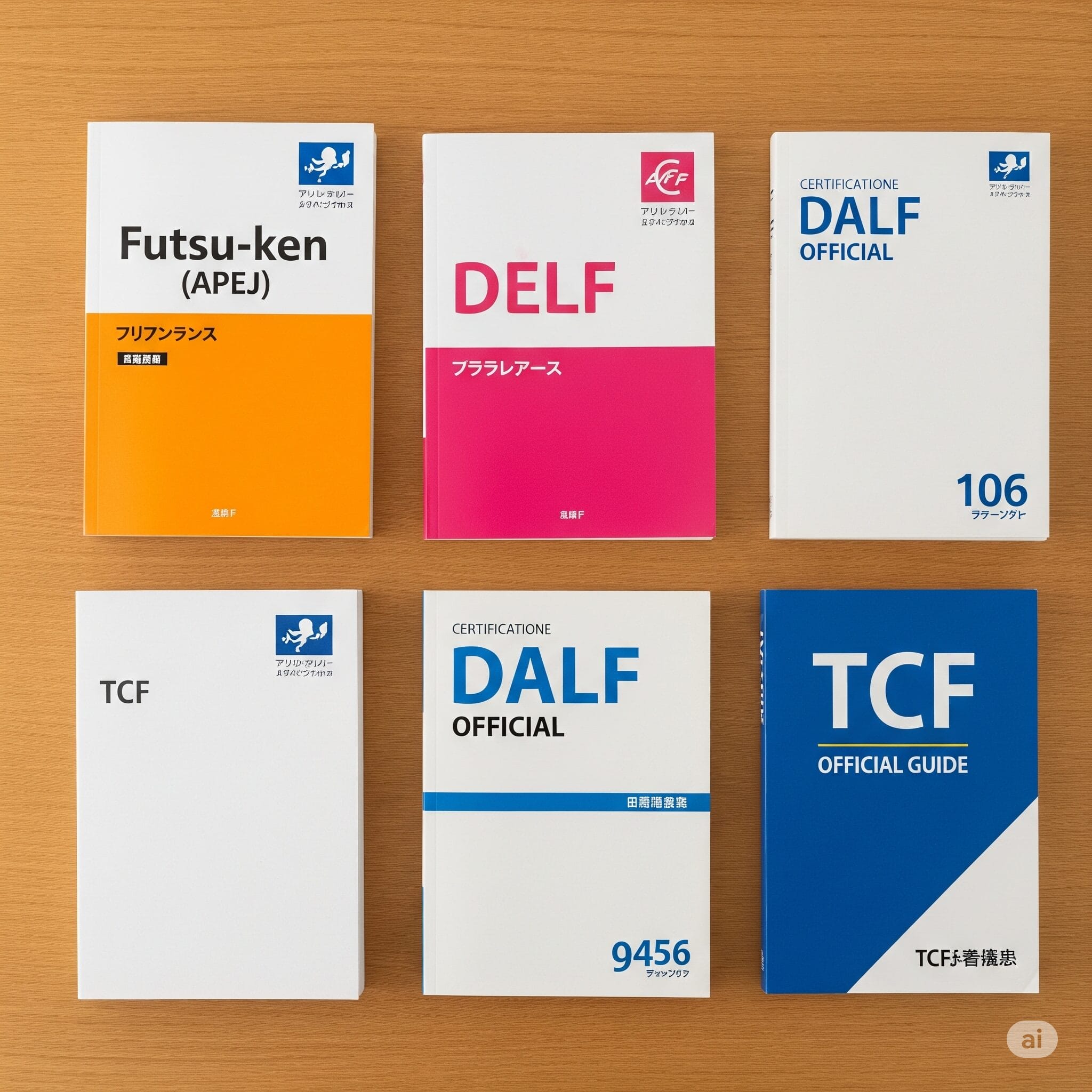 机の上に置かれた仏検、DELF、DALF、TCFなど様々なフランス語検定の教材