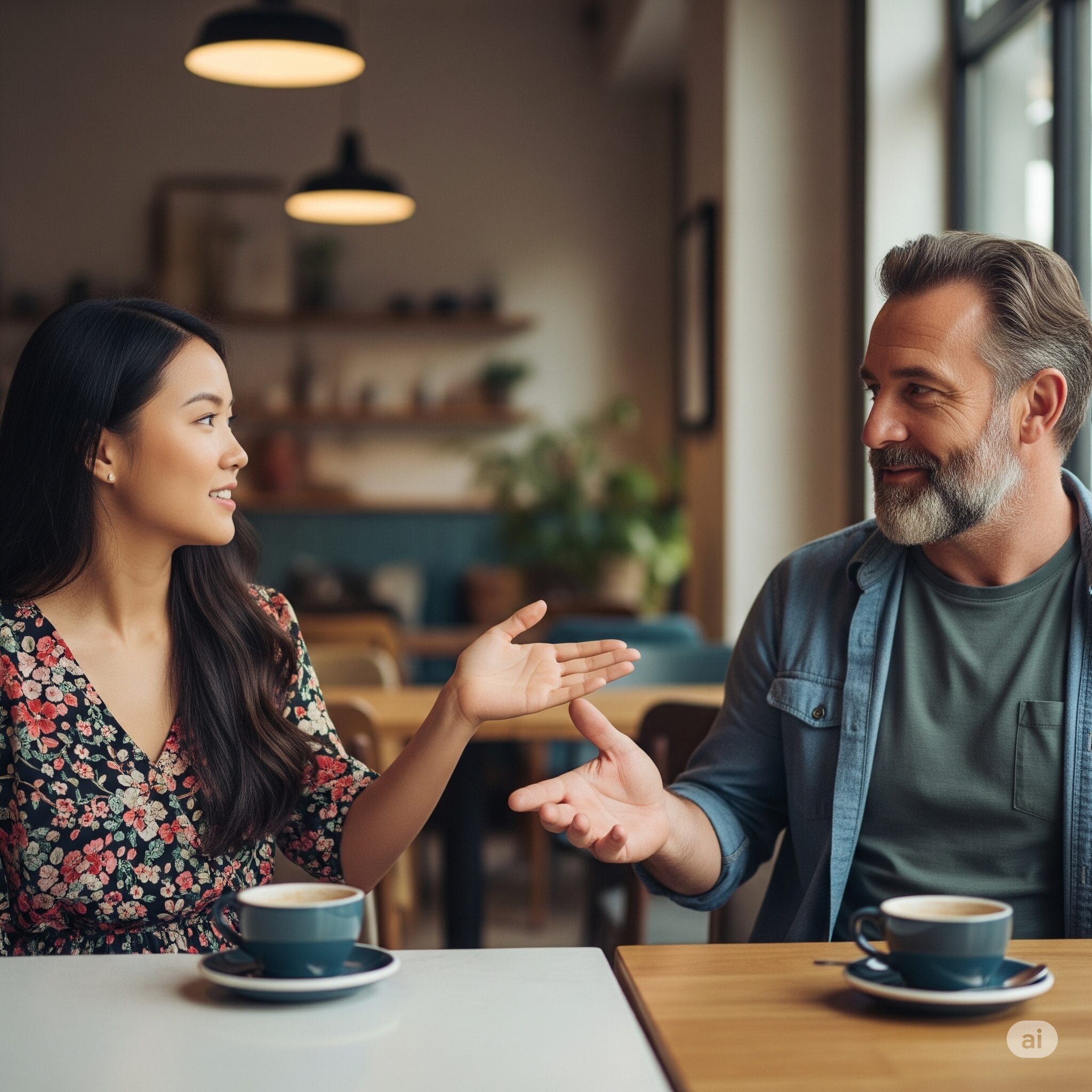 カフェで初めて会い、自己紹介をする日本人とフランス人
