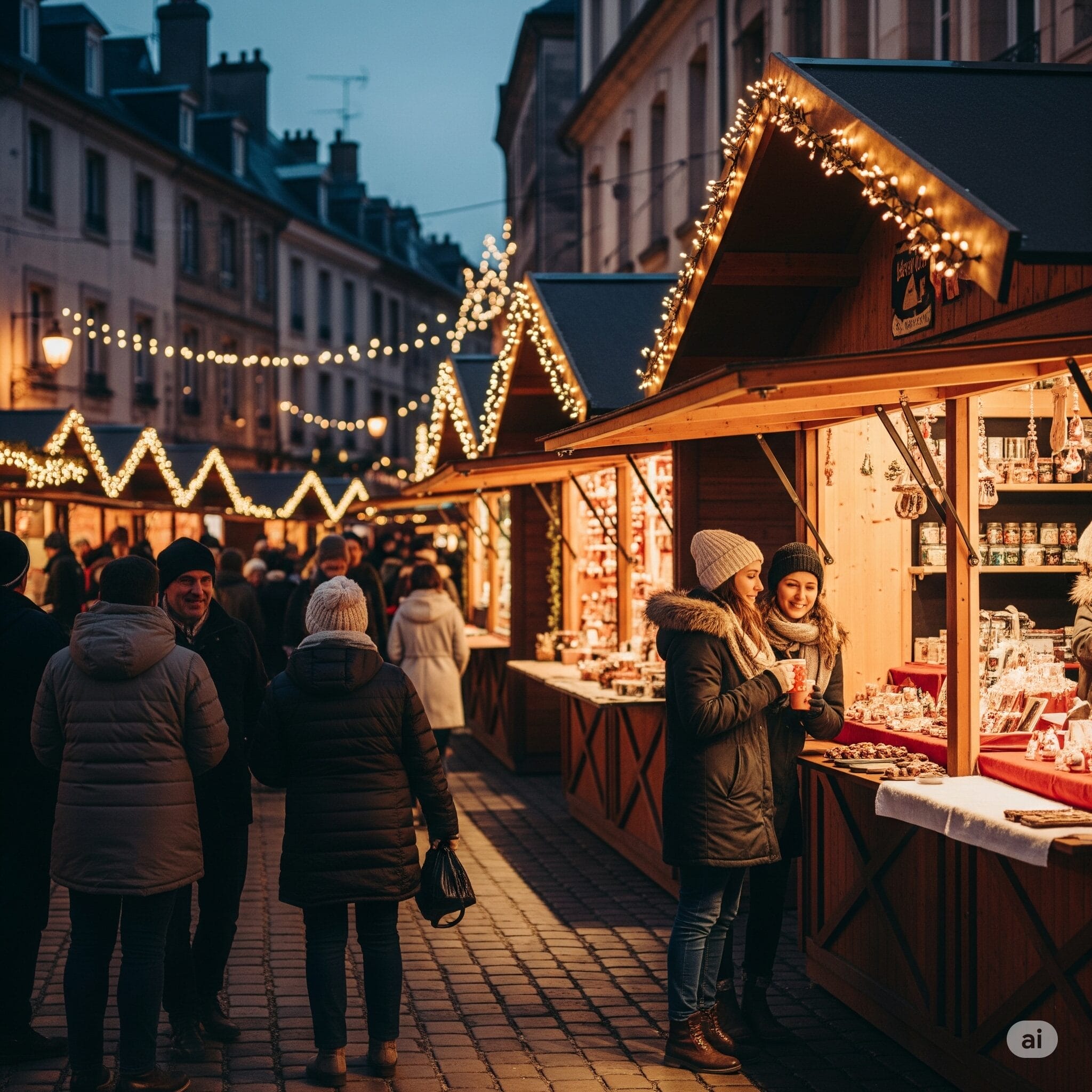 フランスの美しいクリスマスマーケットの夜景