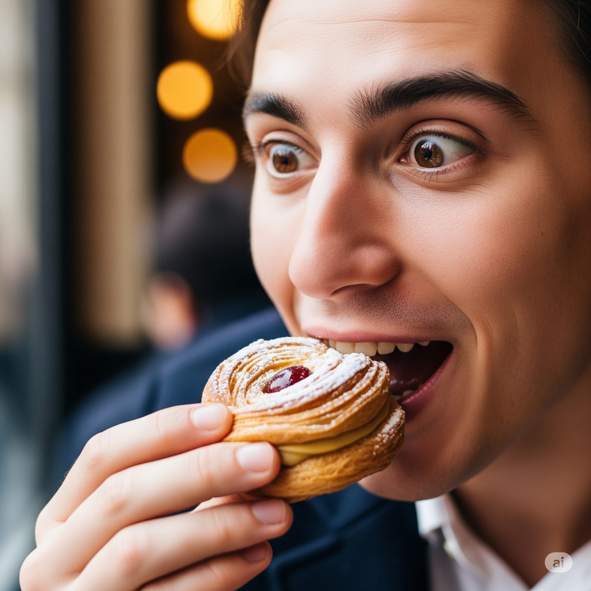 美味しいケーキを食べて感動している人の表情