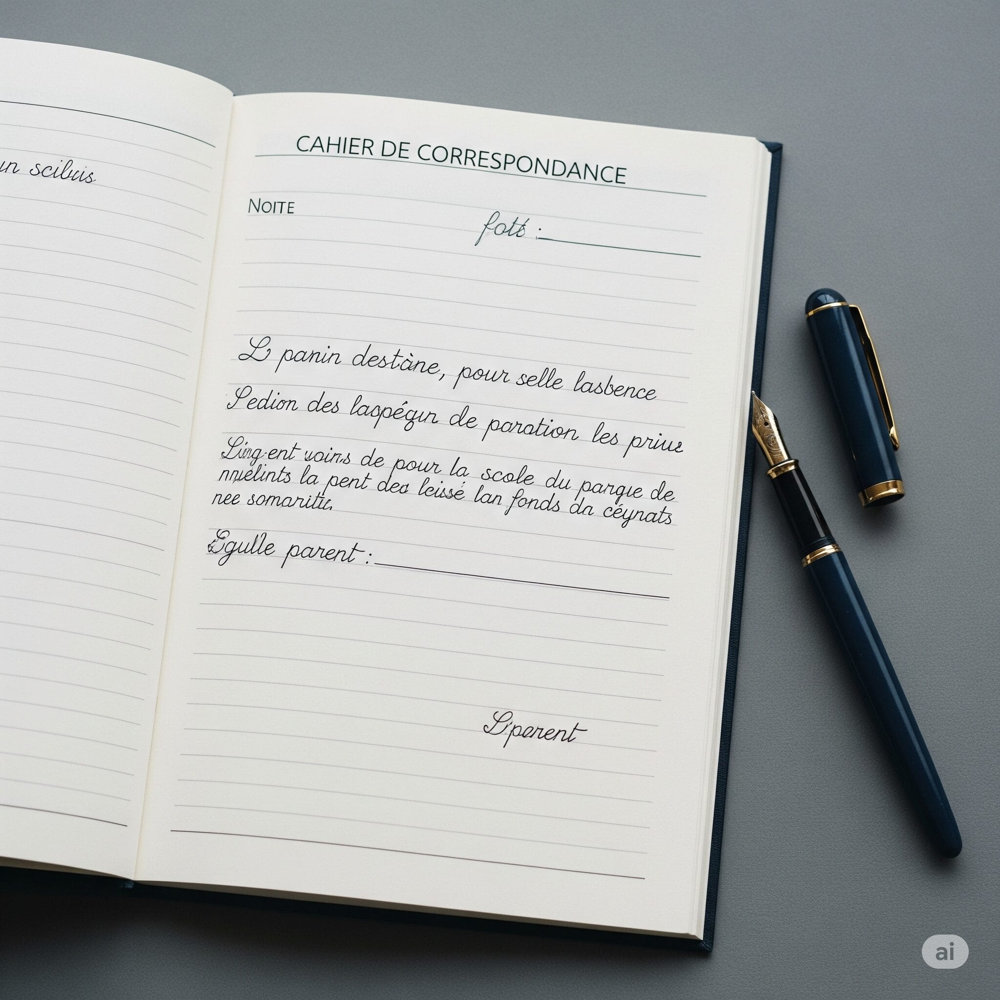 フランスの学校で使われる連絡帳が開かれており、保護者のサインと手書きのメモが書かれているページ。