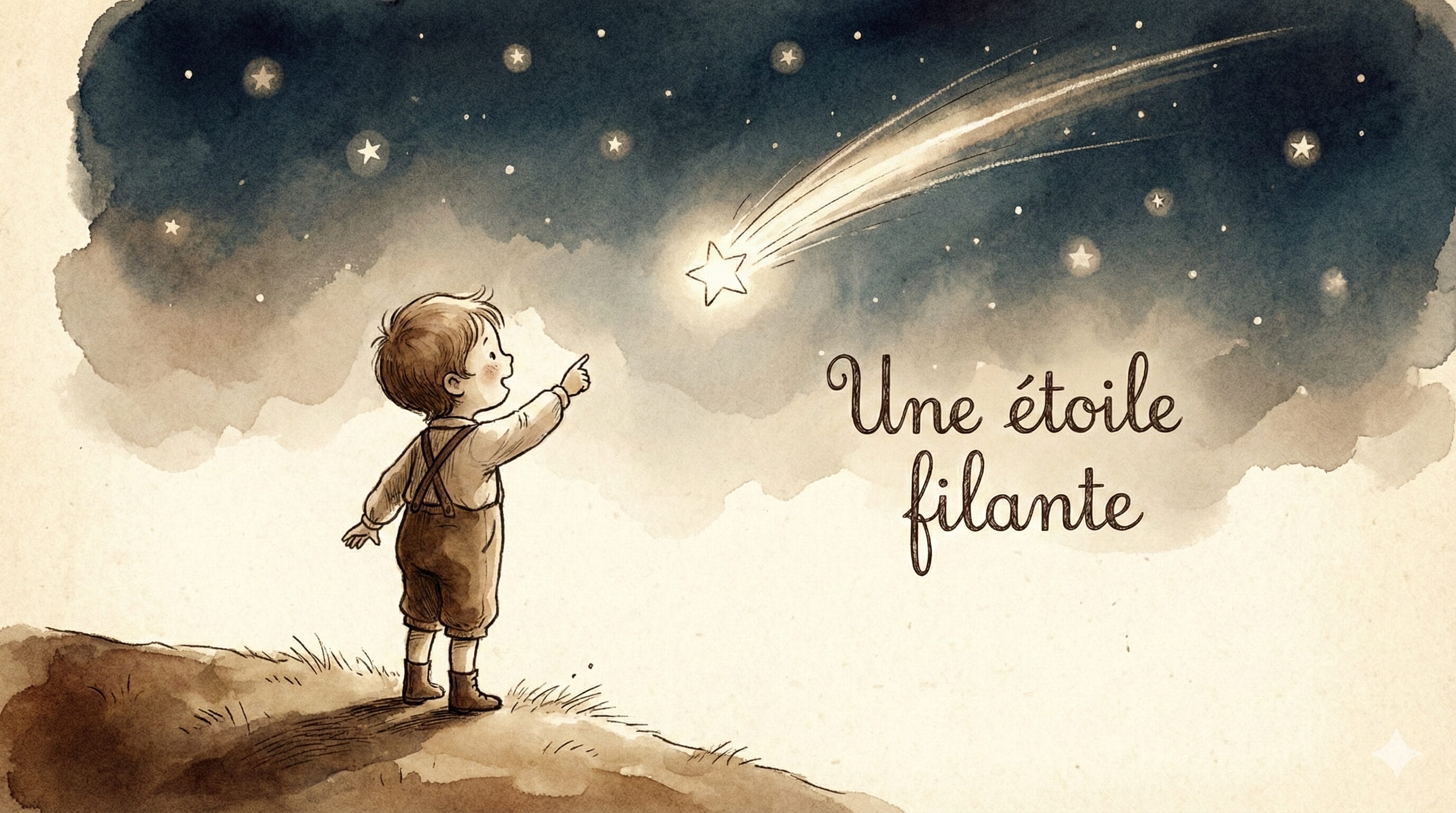 夜空を見上げて流れ星を見つける子供のイラスト