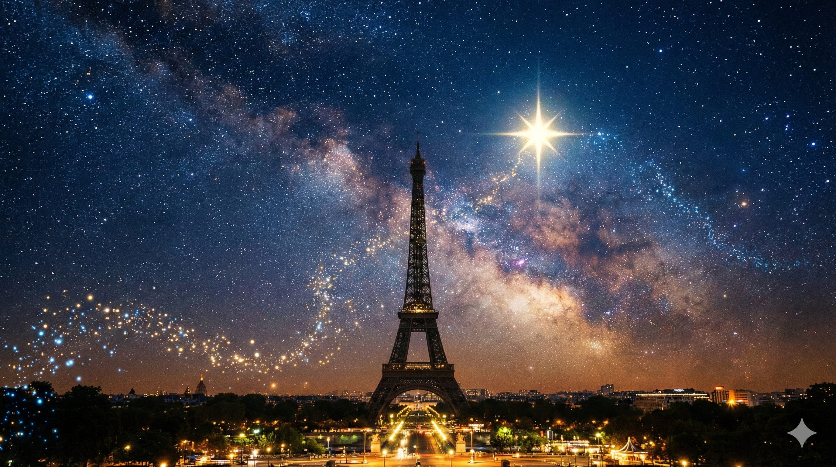 夜のエッフェル塔、明るく輝く星と渦巻く星々、そしてシュールな満天の星空に浮かぶ天の川銀河。.