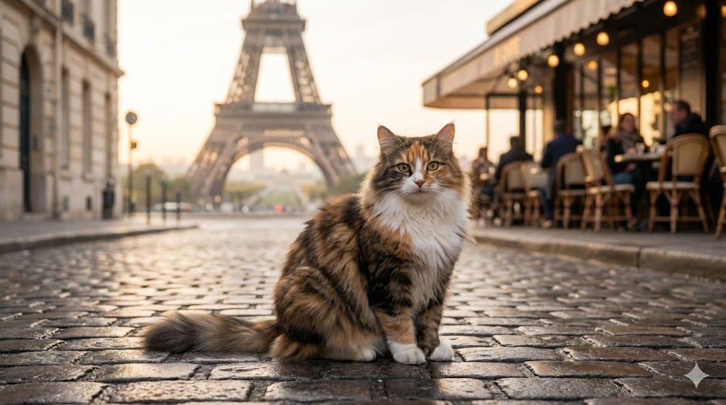 エッフェル塔と歩道のカフェを背景に、石畳の道に座る長毛の猫。.