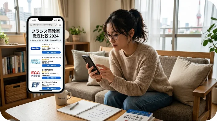 スマートフォンでフランス語教室を比較検討している様子