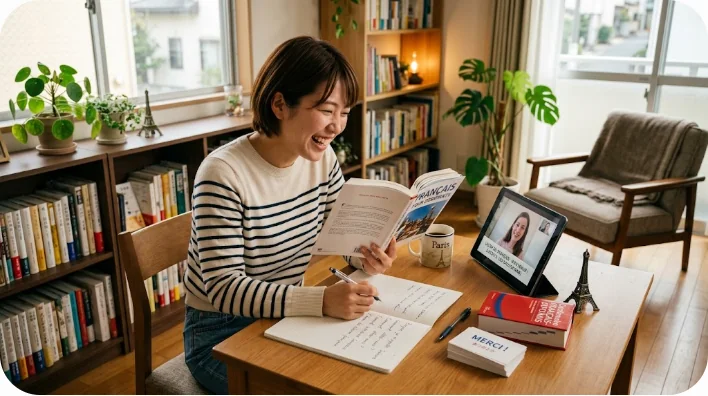 自宅で楽しくフランス語を学ぶ女性