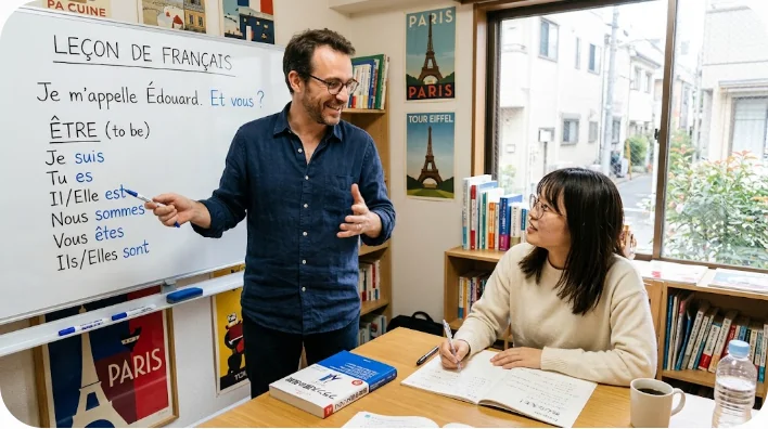 熱心に指導するフランス人講師と生徒