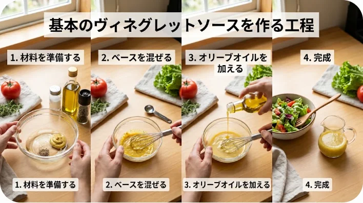 ヴィネグレットソースを小さなボウルで混ぜ合わせている様子
