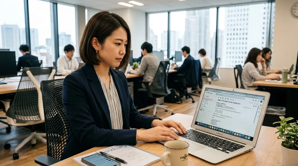 オフィスでノートパソコンに向かいビジネスメールを打つ様子