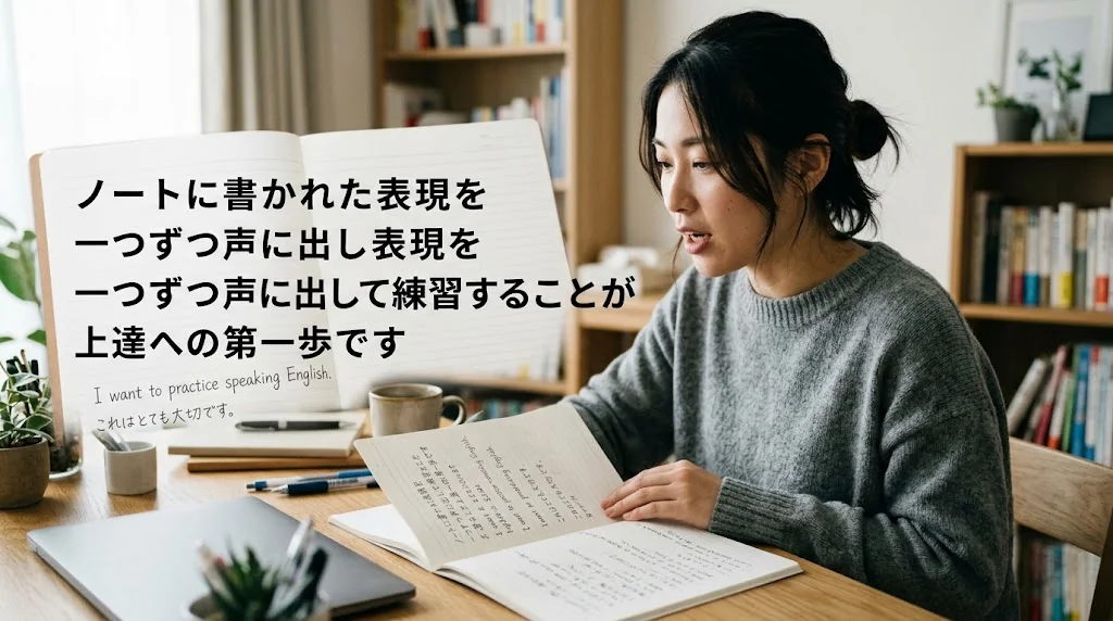 木製の机の上に置かれたお洒落なノート。手書きのフランス語フレーズが書かれており、横には温かいお茶のカップがある。