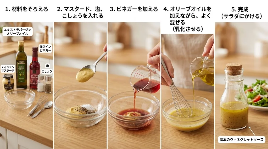 ヴィネグレットソースを小さなボウルで混ぜ合わせている様子