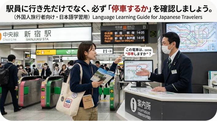 日差しが差し込むプラットホームで、制服を着たフランスの駅員に時刻表について丁寧に尋ねる日本人の旅行者
