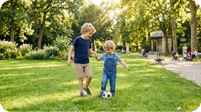 公園で遊ぶフランス人の幼い兄弟