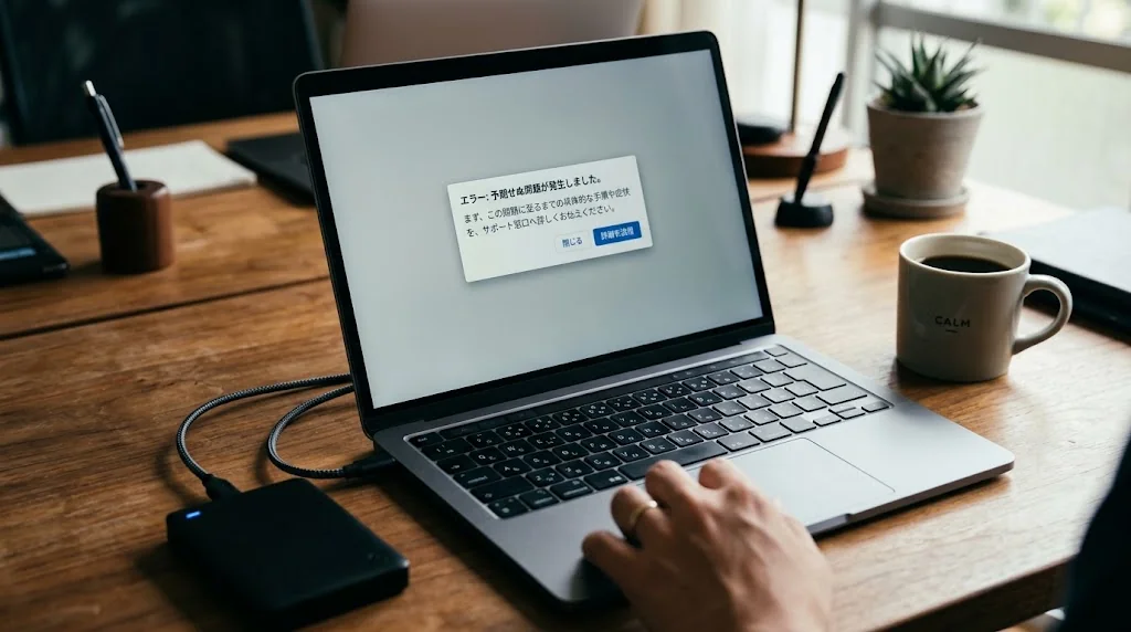 エラーが表示されたノートパソコンとデスク上の外付けハードディスク