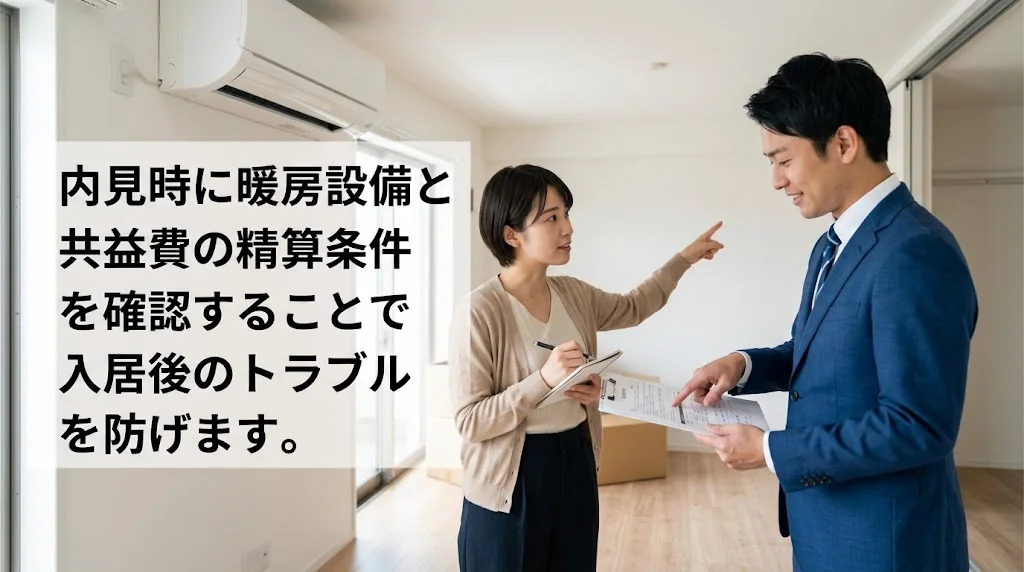 フランスのアパート内で大家と契約書類を確認しながら暖房について相談する様子