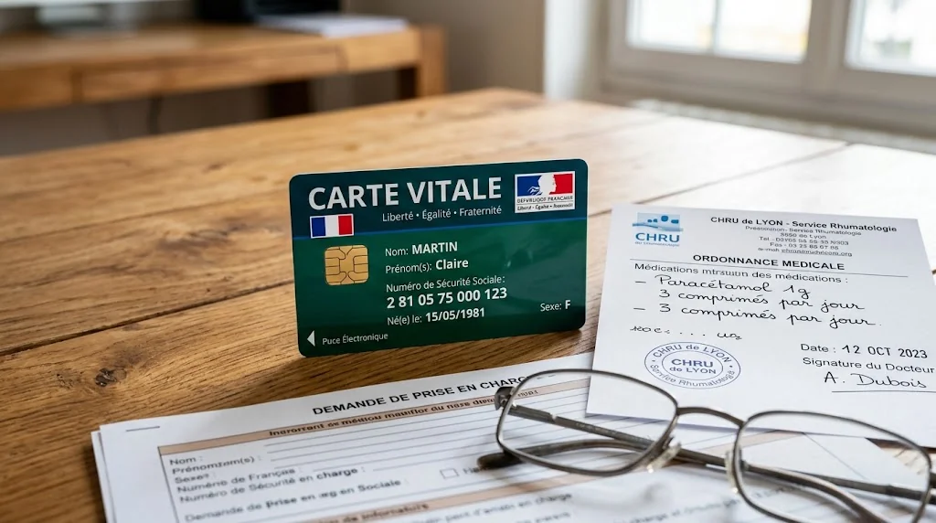 木製の机の上に置かれたフランスの健康保険カードCarte Vitaleと処方箋