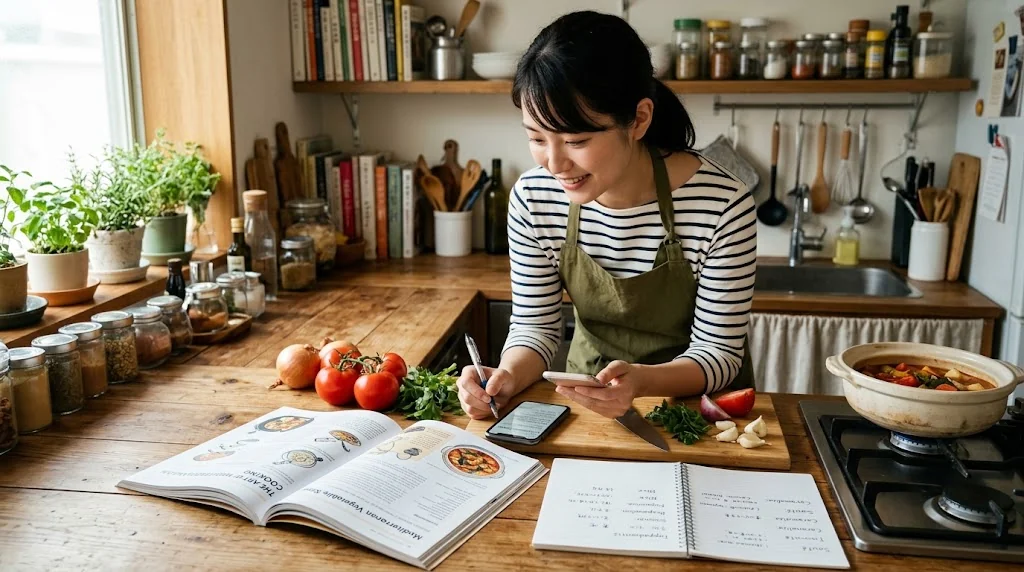 キッチンでフランス語のレシピ本を読みながら野菜サラダを作っている学習者の姿