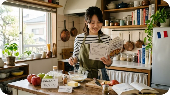 キッチンでフランス語のレシピ本を読みながらりんごと泡立て器を準備するアジア人学習者