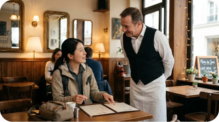 パリのカフェで店員にカラフの水を注文する旅行者の様子
