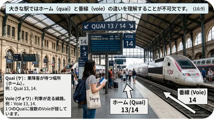 近代的なフランスの駅のプラットホームに滑らかに到着する高速TGV列車と、荷物を持って待つ乗客たち