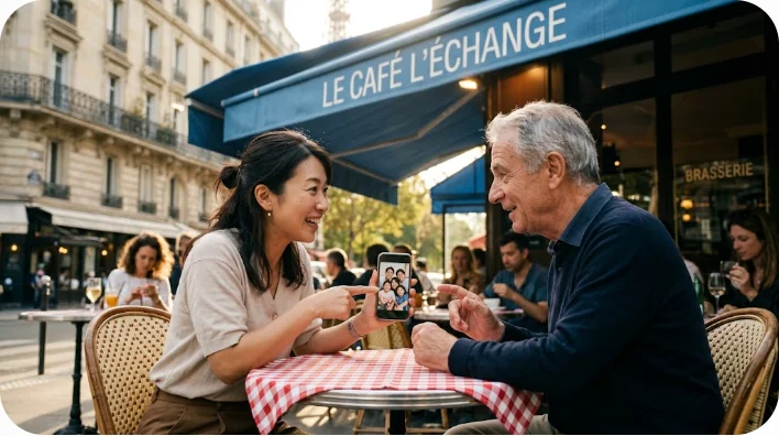 カフェで写真を見せながら家族について語り合う様子