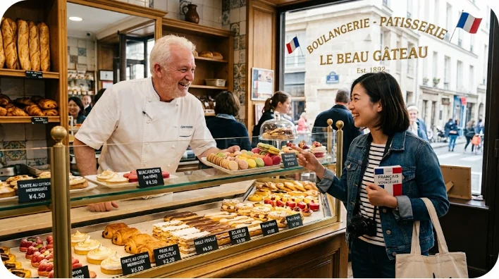 パリのパティスリーで、東アジア人の学習者がフランス人のパティシエとショーケース越しに楽しそうに会話している様子